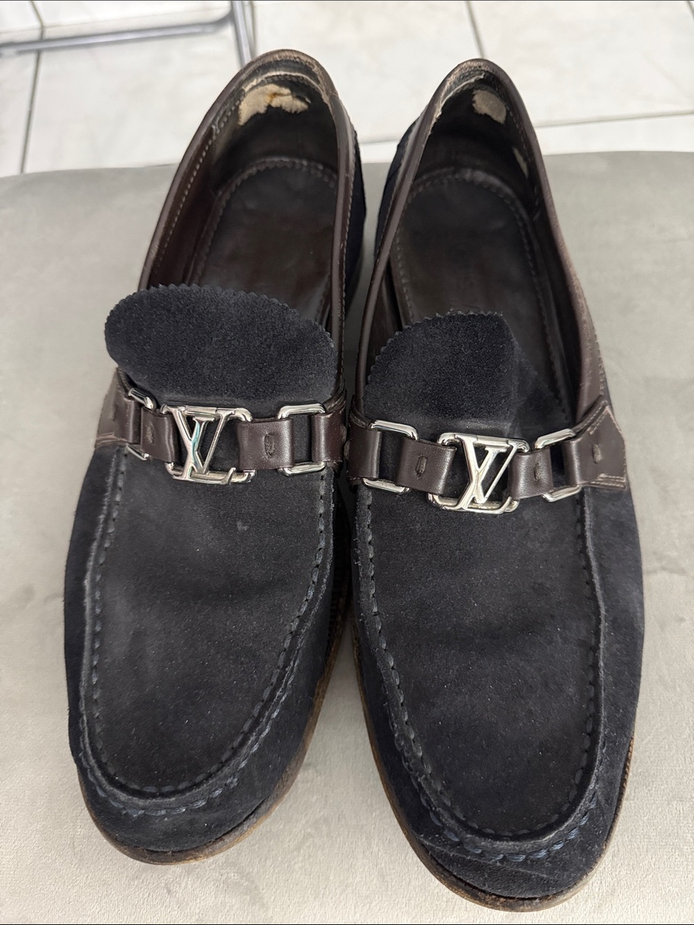 Louis Vuitton Black Suede Loafers with Silver LV Hardware